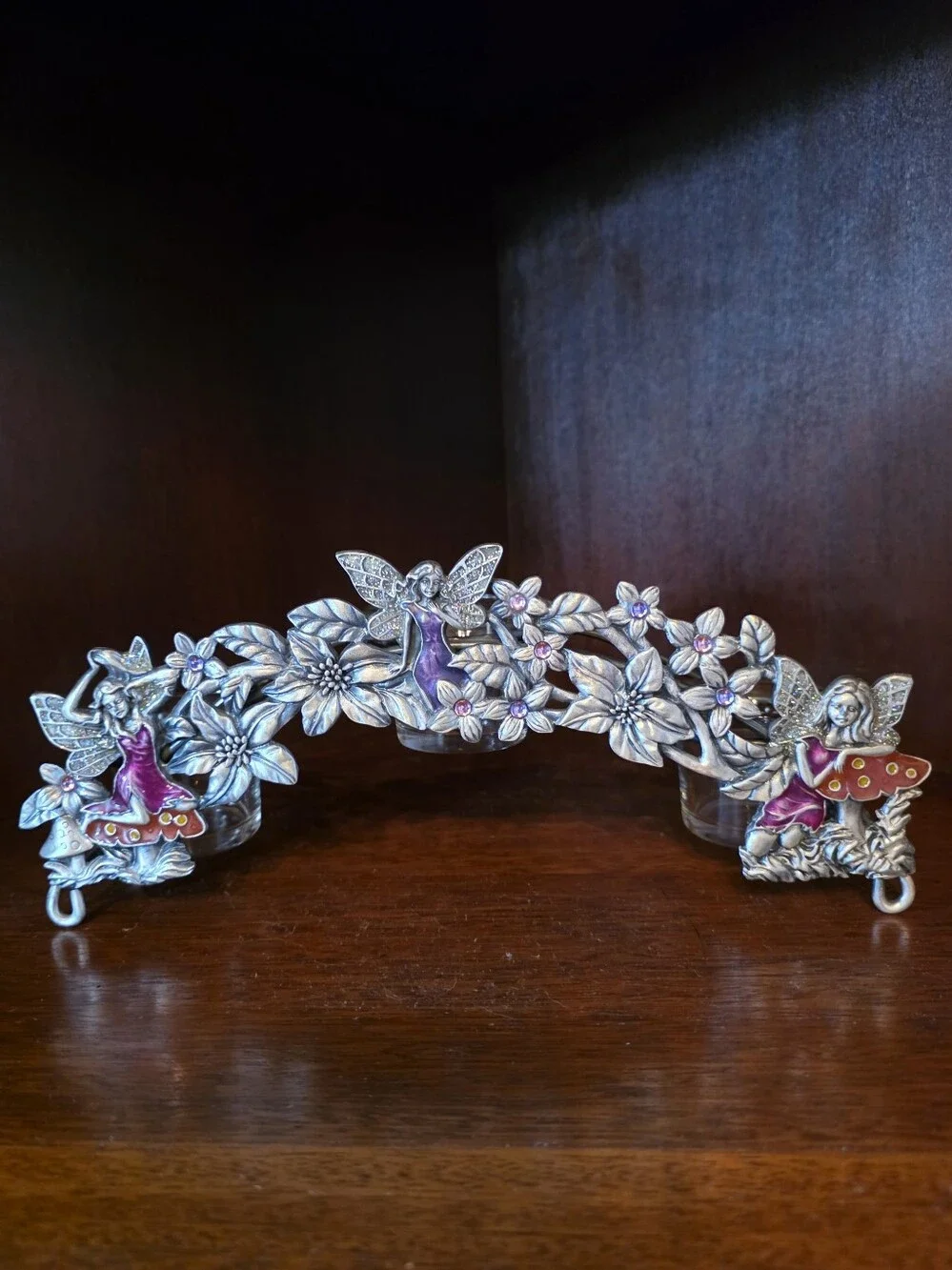 Vintage Westland Fairy Jeweled Pewter Floral Triple Votive Tealight Holder